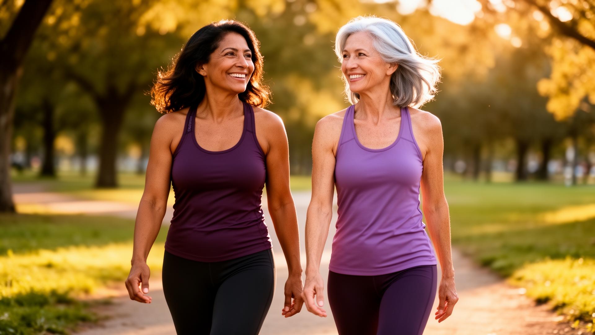 Two diverse women in athleticwear walking together outdoors, smiling